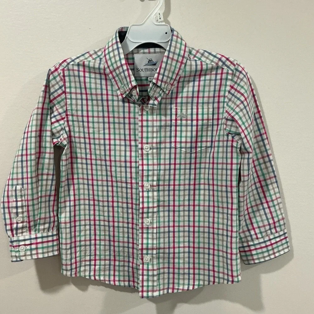 Southbound Button Down Shirt Boys 4T  Plaid‎ Long Sleeve Coastal Preppy Wedding